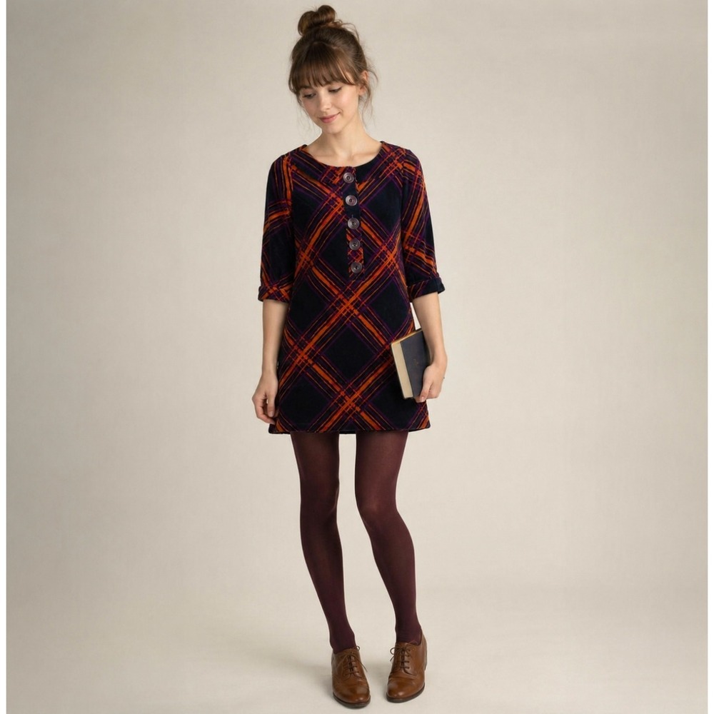 Vintage Small Mini Dress Corduroy Buttons Twee Mod Quirky 2009 Plaid Academia